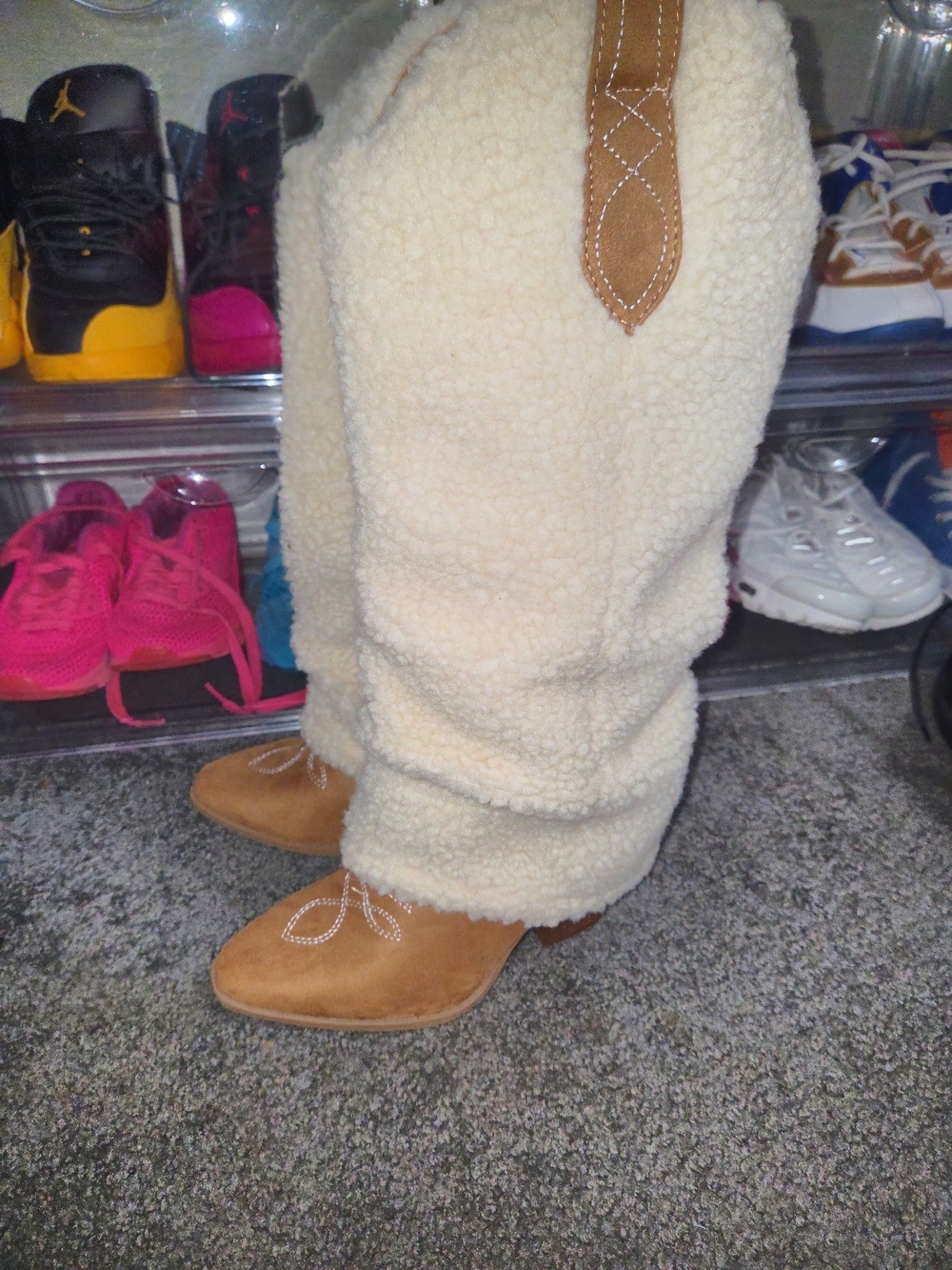 Kids Cream Sherpa Fleece Pants with Tan Trim